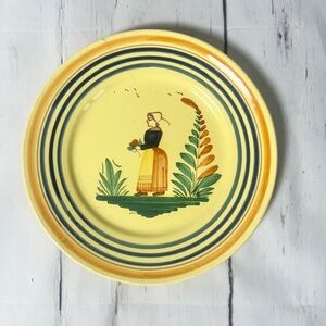 Vintage Henriot Quimper Plate yellow and blue with Breton woman